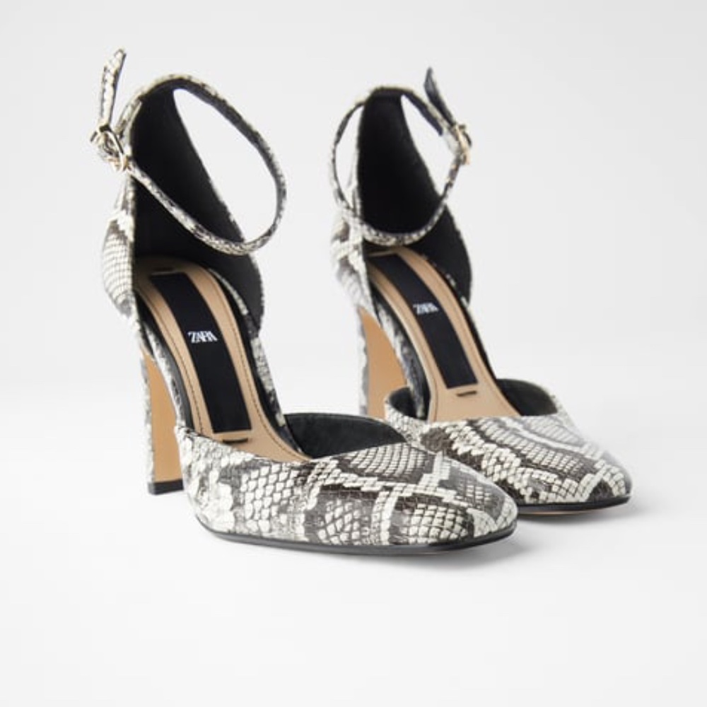 NWT ZARA LEATHER SQUARE TOE HEELS Snake Print
